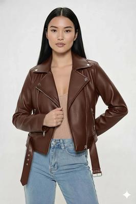 Носите женскую куртку из кожи ягненка ручной работы, стильную и повседневную, коричневого цвета для вечеринок.