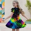 Girls Round Neck Flutter Sleeve Colorful Neon Splatter Printed A Line Dress