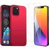 Case for iPhone 12 Pro Red + Tempered Glass Screen Protector, Soft Silicone Protective Bumper