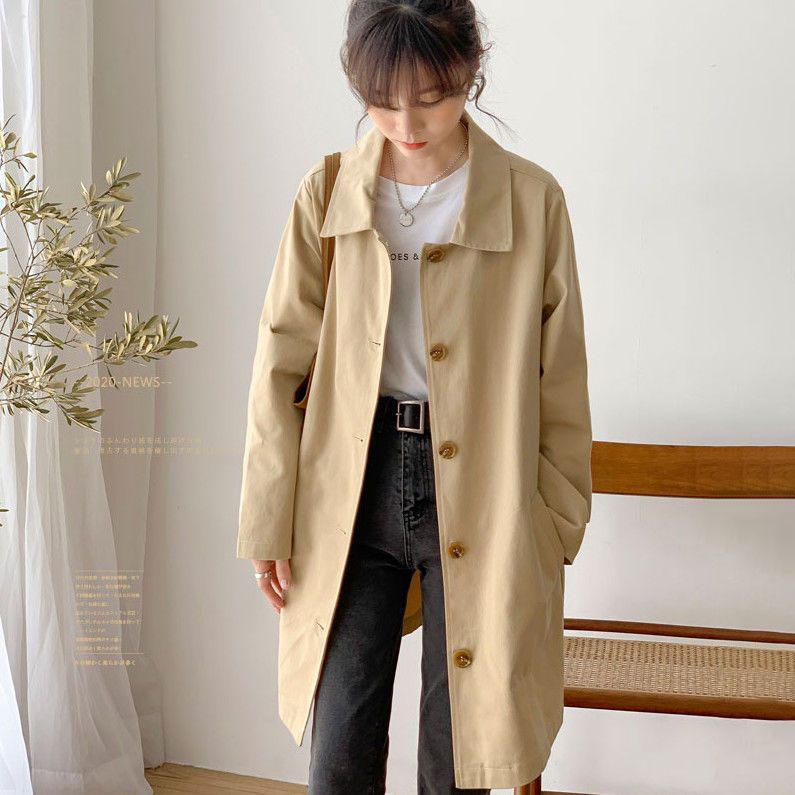 Polo Collar Trench Coat Solid Color Simple Casual Women's Thin Coat Mid Length Loose Single Breasted Design with Lining Cloth Spring Autumn