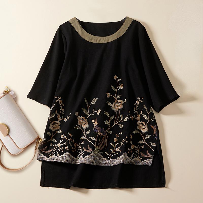 Dimanaf 2022 Women Plus Size Floral Summer Style Linen O-Neck Bat Print T-Shirt Casual Tops Shirts Loose Oversized Shirt