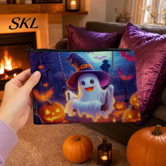 Portable Storage Bag Halloween Bag, with Colorful Cartoon Ghost Print, Durable Canvas Pouch Makeup Zipper Large Capacity Lightweight Travel