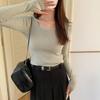 Korean Gray Square Neck Long-sleeved Sweater for Women 2024 Autumn Hot Girl Slim Fit and Temperament with Short Top