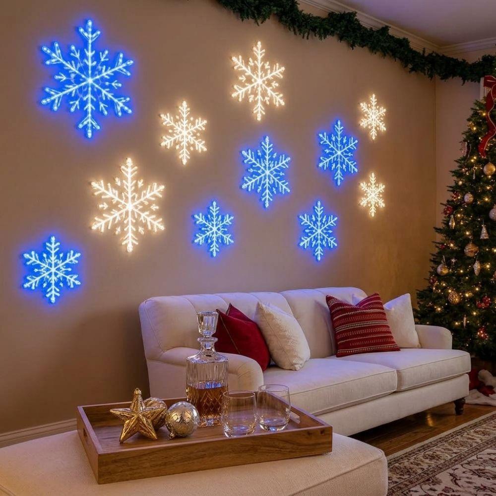 12Pcs White Snowflake Led Snowflake Wall Lights Xmas Wall Hanging Lights Window Display