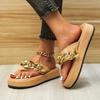 New Plus Size Herringbone Slippers Women Flat Beach Shoes 2024 Summer Vintage Metal Chain Platform Women‘s Flip-Flops Sandals
