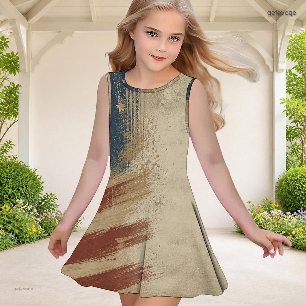 Girls White Round Neck Sleeveless American Flag Printed A Line Flared Dress