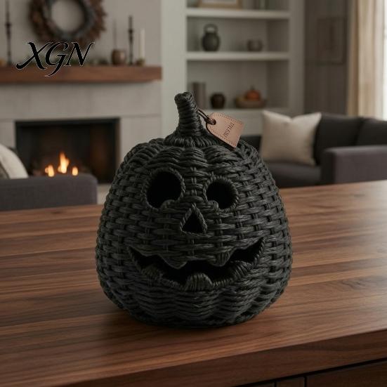 Seasonal Home Display Handwoven Pumpkin Basket with Witch Hat Lid, Rustic Wicker Trick Gothic Table Centerpiece or Treat Bucket for Indoor Outdoor