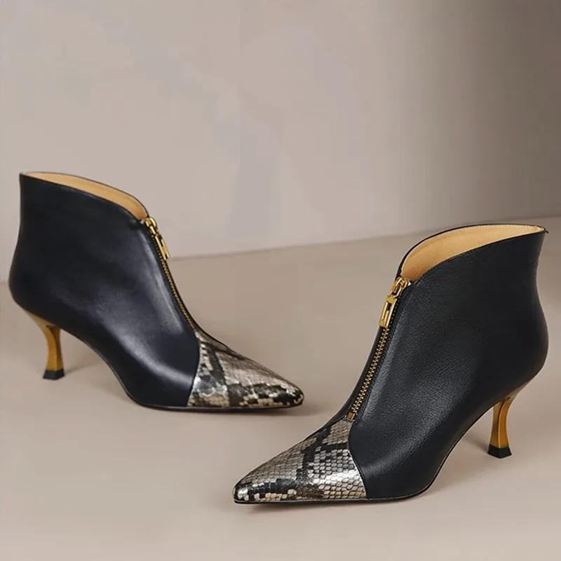 Мода 2024 года, модная женская обувь, женские ботильоны, современные модельные ботинки, женские туфли смешанных цветов с острым носком и молнией спереди на высоком каблуке