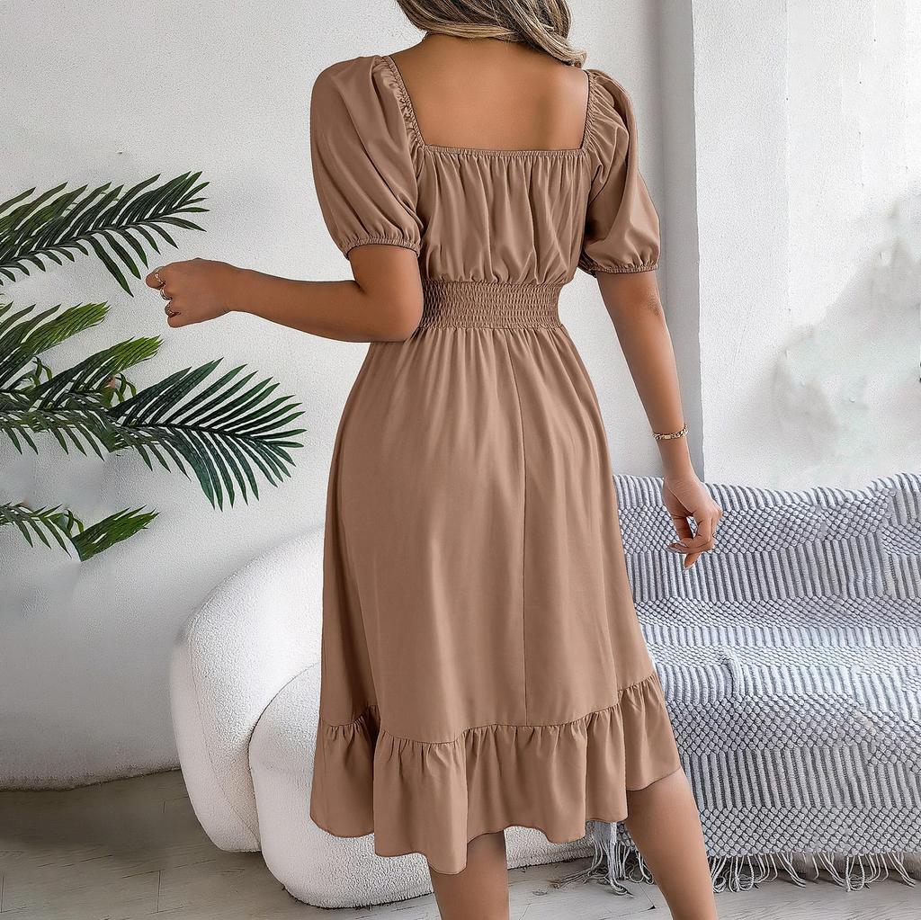 Женское осенне-зимнее темпераментное однотонное плиссированное платье с высокой талией и короткими рукавами на шнуровке