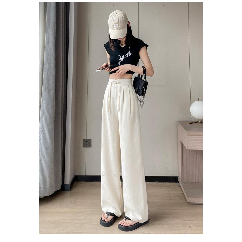 Широкие брюки с пластинчатыми пуговицами для женщин, весенние и летние жаккардовые атласные прямые брюки в национальном стиле с высокой талией, повседневные драпированные брюки