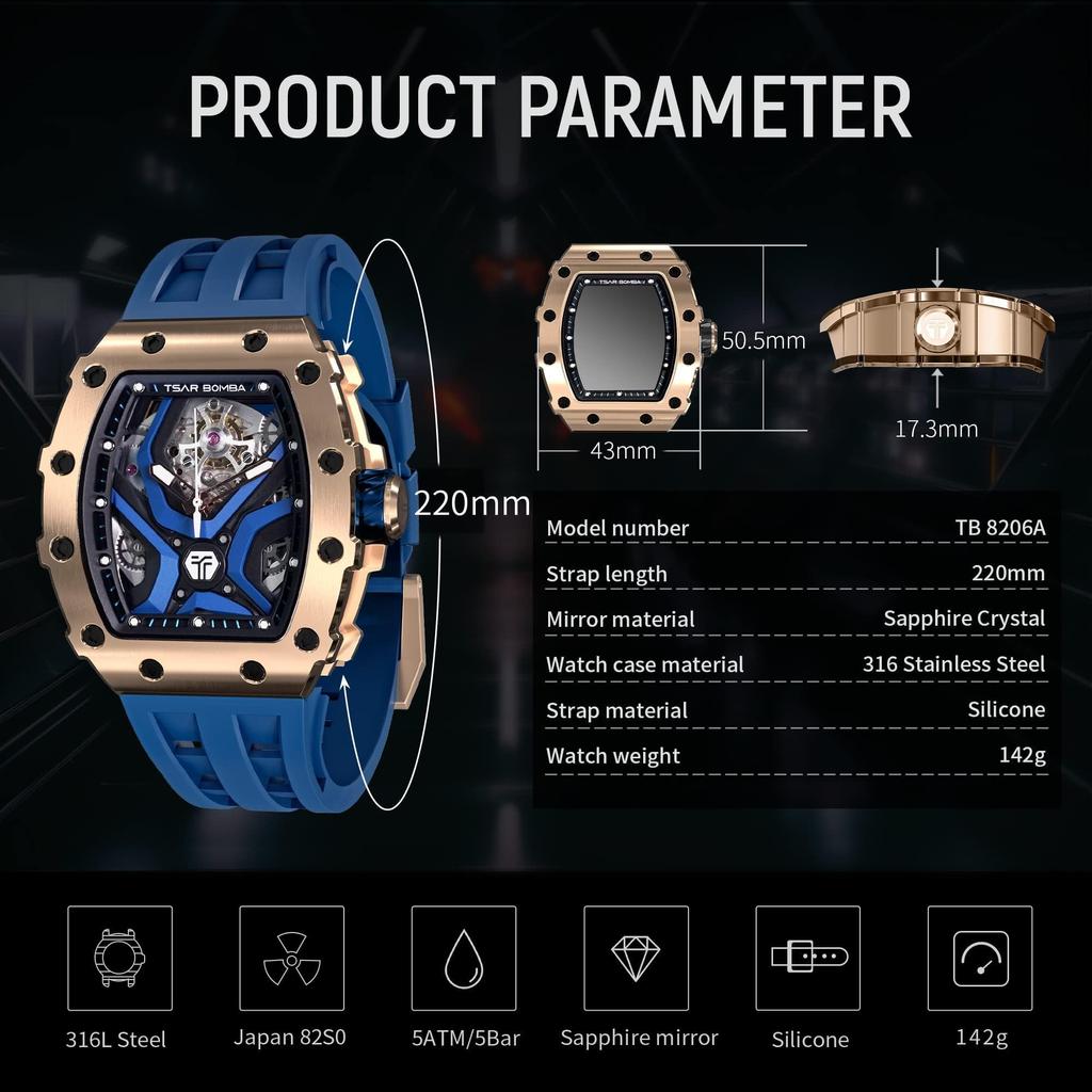 Часы TSAR BOMBA Business 50M Водонепроницаемые скелетонированные часы Стильные наручные часы из нержавеющей стали с циферблатом-бочкой для мужчин Светящийся японский механизм синего цвета