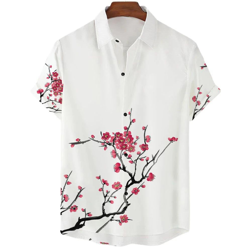Japanese Aesthetic Cherry Blossom Print Men's Shirt Fashionable Luxury Lapel Button-down Shirt Casual Short-sleeved Tops