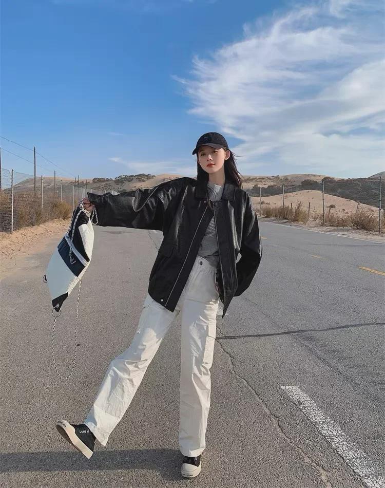 Korean Style Women's Trendy Lapel Motorcycle Leather Jacket - Autumn Loose Fit Cardigan Top