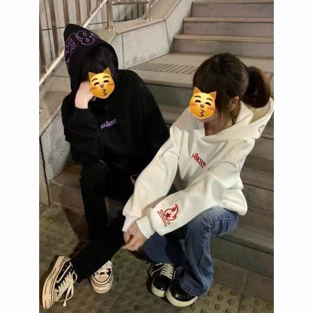 Cross-Border American Rapper Style 351-400g Flame Embroidery Men's Heavyweight Pure Cotton Hoodie