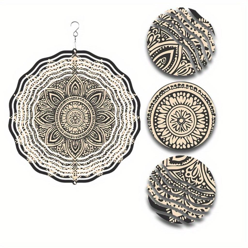 Mandala Metal Wind Spinner Garden Decor Outdoor Indoor Hanging Ornament Black Gold Accents Holiday Gift for Home Yard Detailed Design