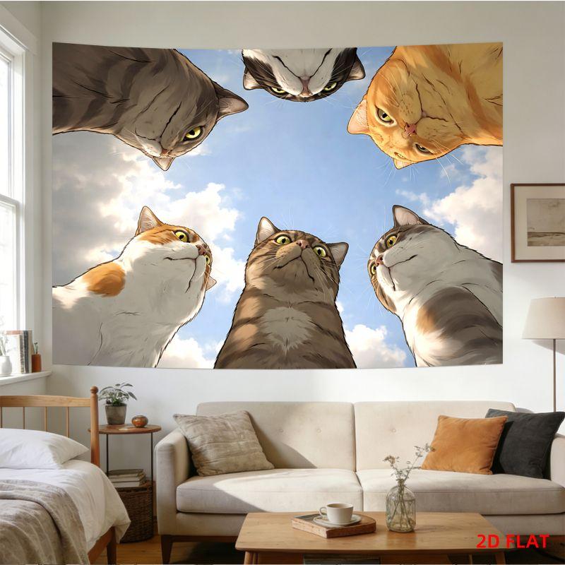 Забавная кошка, смотрящая вверх, Гобелен, Милое животное, Настенное панно, Спальня, Общежитие, Домашний декор