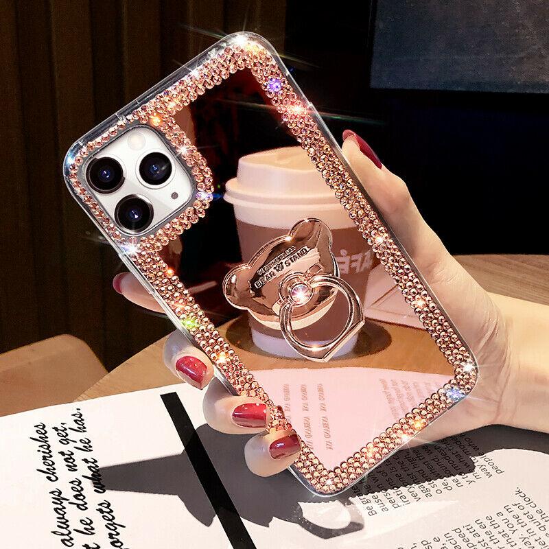 Diamond Glitter Case Makeup Mirror with Ring Kickstand For IPhone 13 Pro Max 12 11 Pro Max XR Samsung S21 S21 Pus S21 Ultra S20 FE A52 A72 A51 A71