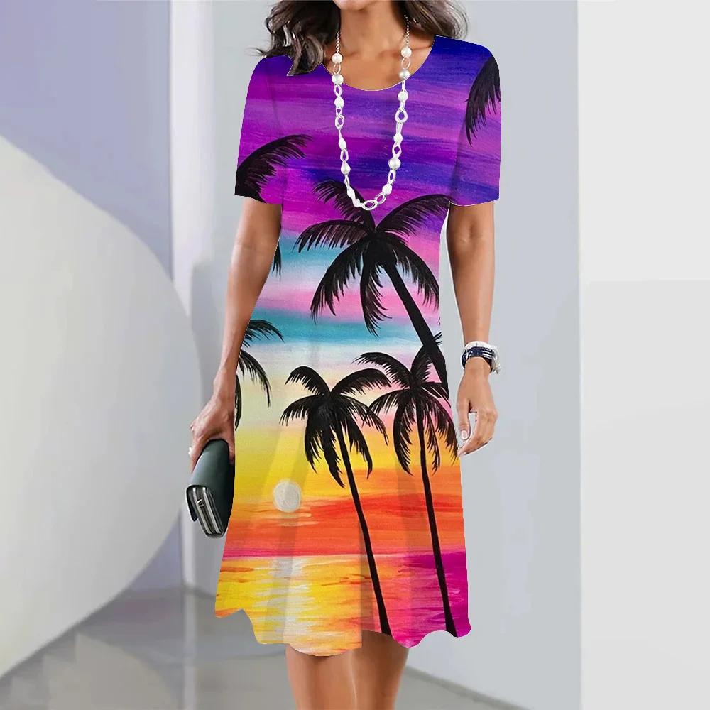 Hawaii Coconut Tree Print Women's Dresses Vacation Long Dresses Female Clothing Summer One-piece Dress