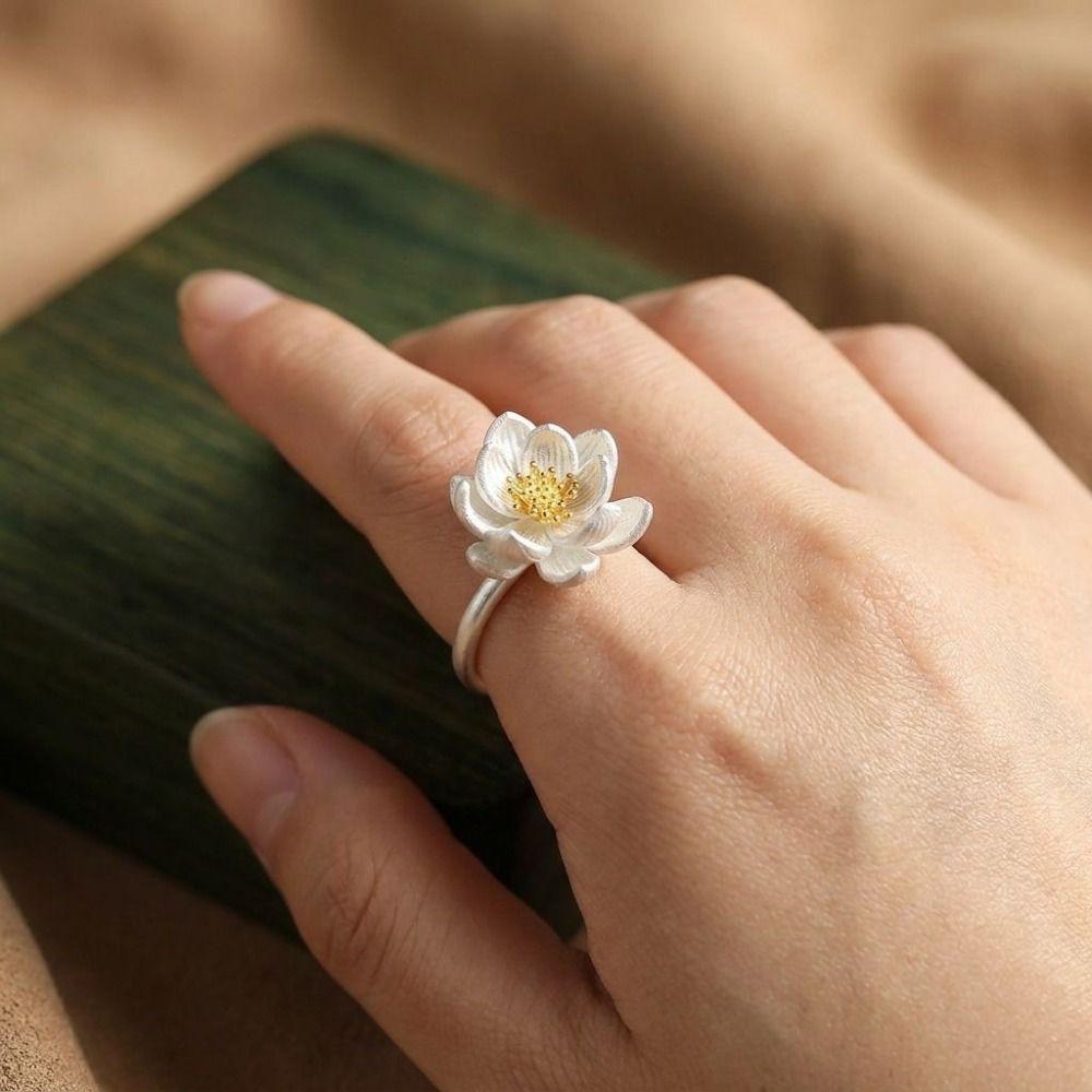 Adjustable Lotus Flower Ring Open Size Ancient Style Ring Fashionable Fashion Ring Party