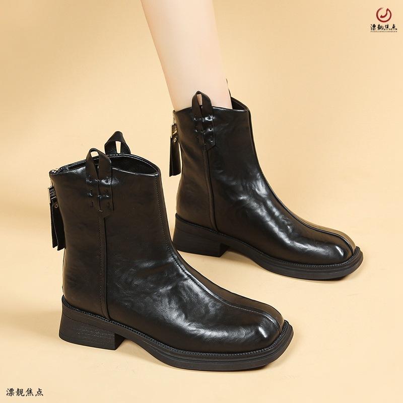 Женские ботильоны в стиле ретро, корейские короткие ботинки, зима 2024, новые квадратные носки из крокодиловой кожи, удобные водонепроницаемые модные уличные ботинки