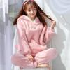Winter Flannel Pajamas Women Round Neck Two-Piece Set Thick Plush Cartoon Hooded Coral Fleece Home Clothe