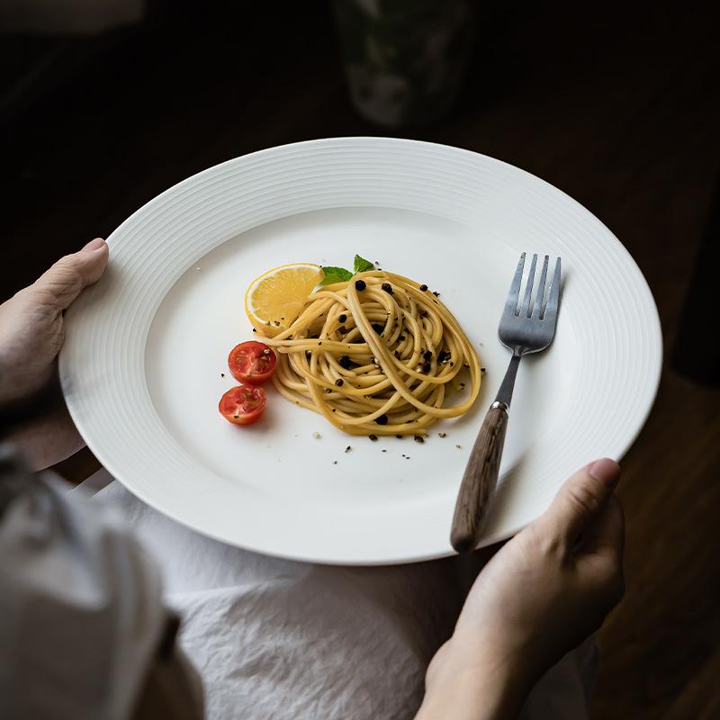 High Value Retro Ceramic Flat Plate Household Tableware Vegetable Plate Relief Plate Creative Thread Large Plate Western Pasta Plate