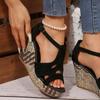 Muffin Woven Bottom Fish Mouth Sandals Women's New Large Size Thick Sole Wedge Sandals Hollow Buckle Fashion Sandals