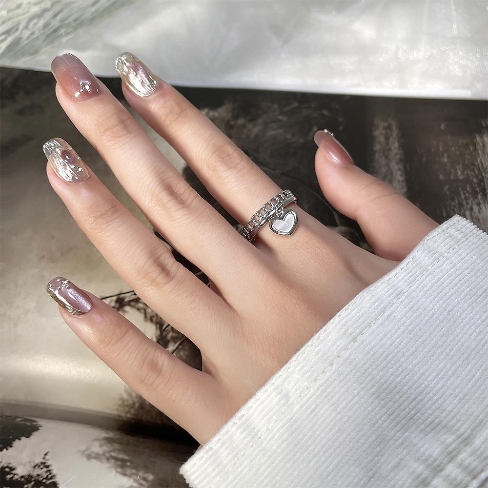 French Fashion Exquisite Niche Heart-Shaped Open Double-Layer Ring Cold Feeling Chain Love Fritillary Ring Tide