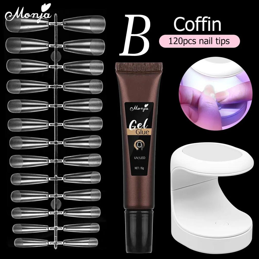 monja 3 шт., набор для наращивания акрилового дизайна ногтей, 6 Вт, светодиодная лампа для сушки, 15 г, УФ-гель, клей, матовый квадратный длинный гроб, миндаль, клей для накладных накладных кончиков