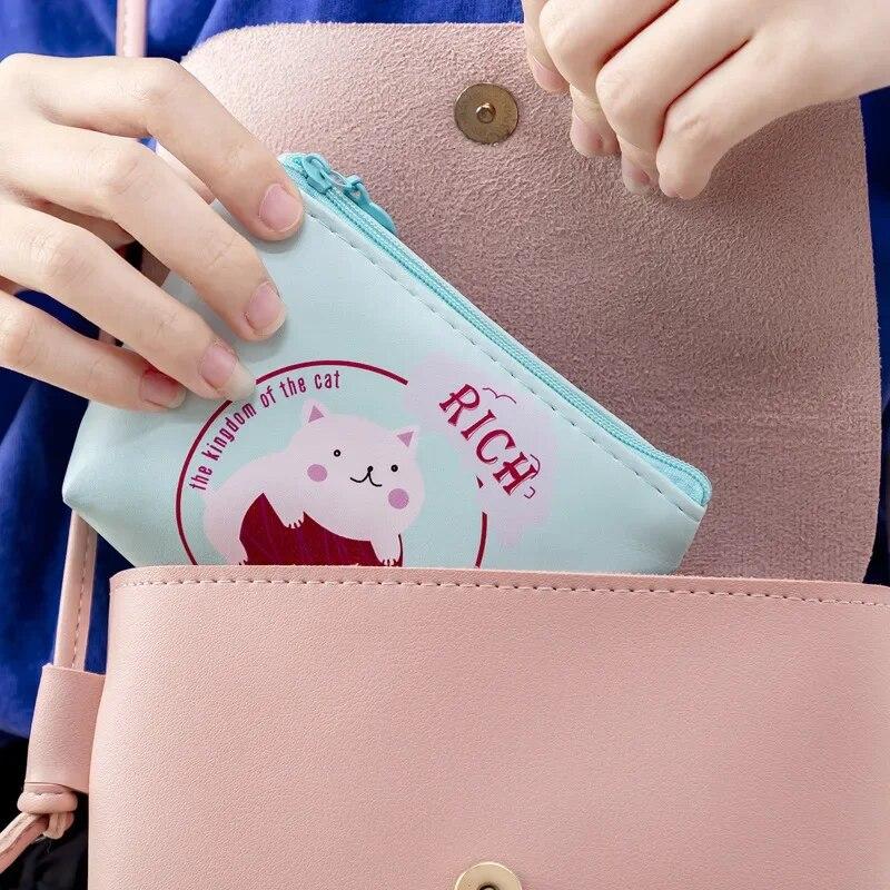 Cartoon Cute Cat Printed Coin Purse PU Multifunctional Coin Key Storage Bag Bank Credit ID Card Holder Sanitary Pad Organizer