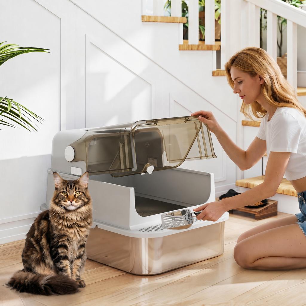 XXL Stainless Steel Cat Litter Tray Enclosed Cat Litter Box With 90 degrees Flip Cover Double Doors Scoop Easy Clean Grey