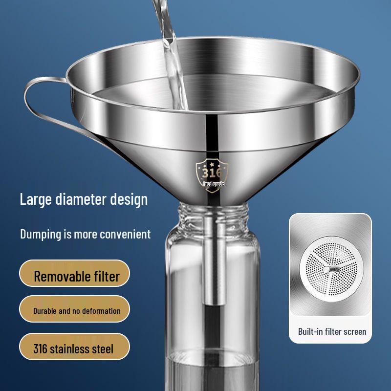 Воронка из нержавеющей стали с фильтром, малого и большого диаметра для наливания масла на кухне.
