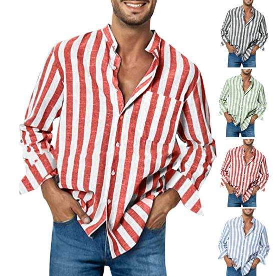 Men Shirt Long Sleeve Stand Collar Loose High Elasticity Casual Dress-up Stripe Printing Striped Shirts Casual Linen Buckle Top for Dating