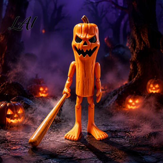 3D Printed Halloween Ornaments Articulated Pumpkin Stick Figure Ornament with Baseball Bat Accessory Movable Joints Desktop Fun Decorations