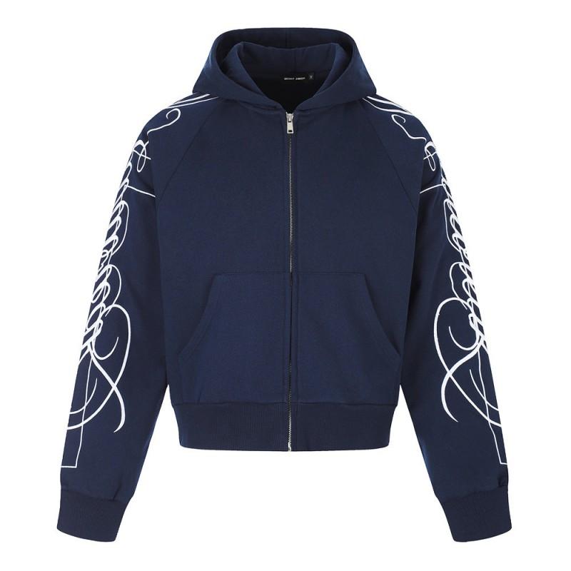 Mens Embroidered Cursive Letter Hooded Zip-Up Sweatshirt Streetwear Loose Fit Casual Outerwear Fall