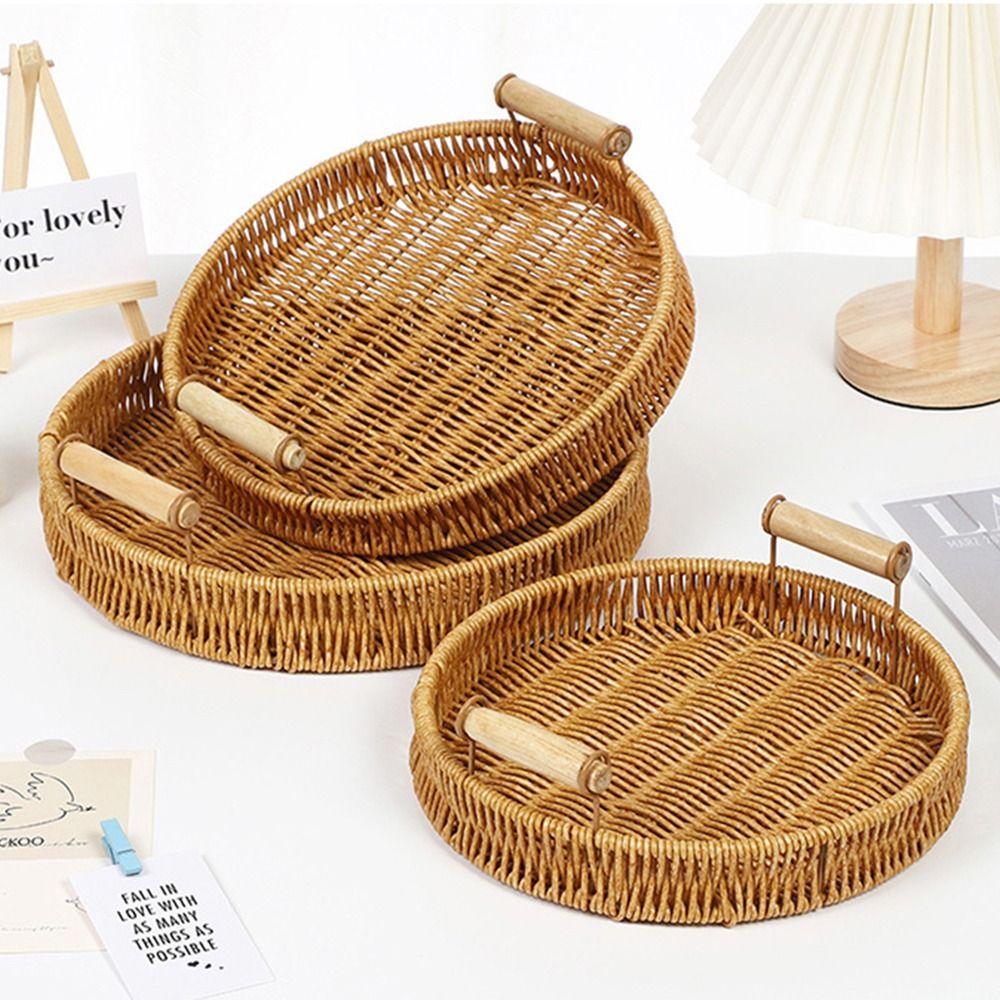 1Pcs Round Shape Storage Tray Fruit Vegetable Cake Wicker Plastic Rattan Threads Basket