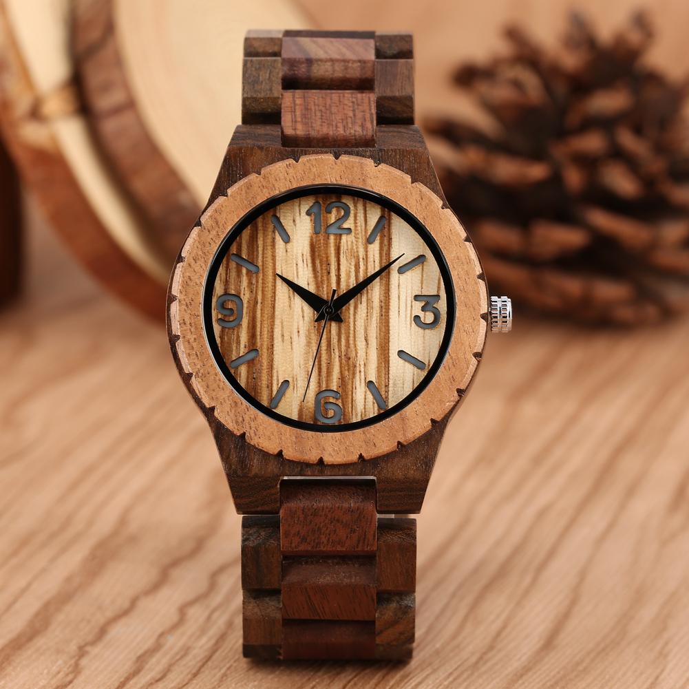 Coffee Brown Walnut Wood Men's Watch Quartz Wristwatches Arabic Numerals Dial Vintage Stylish Male Wooden Bangle Timepiece Gift