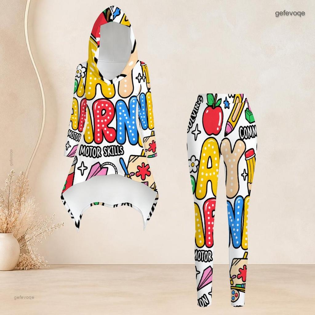 Women Plus Size Cartoon Printed Hooded Long Sleeve High Low Top Fitted Pants Two Piece Set