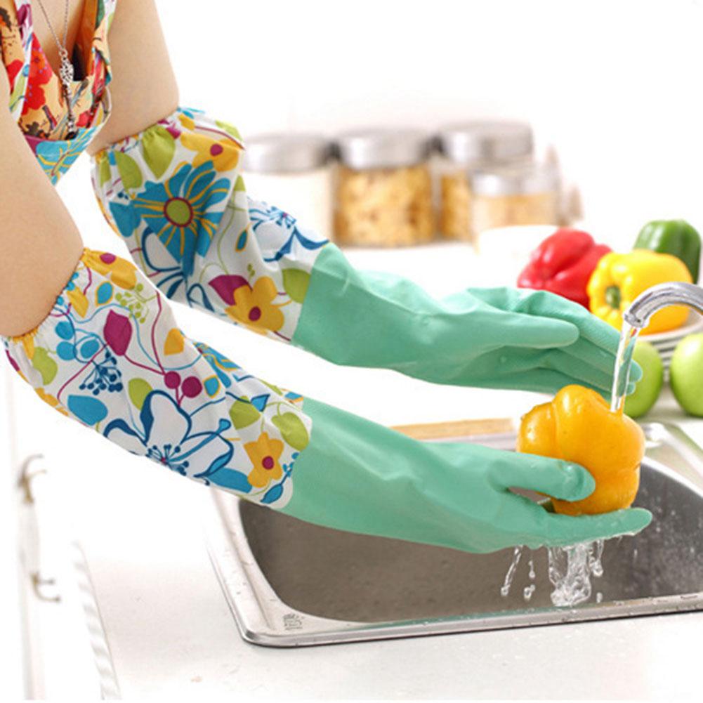 Green Floral Dishwashing Gloves Household Beam Port Velvet Gloves Warm Gloves