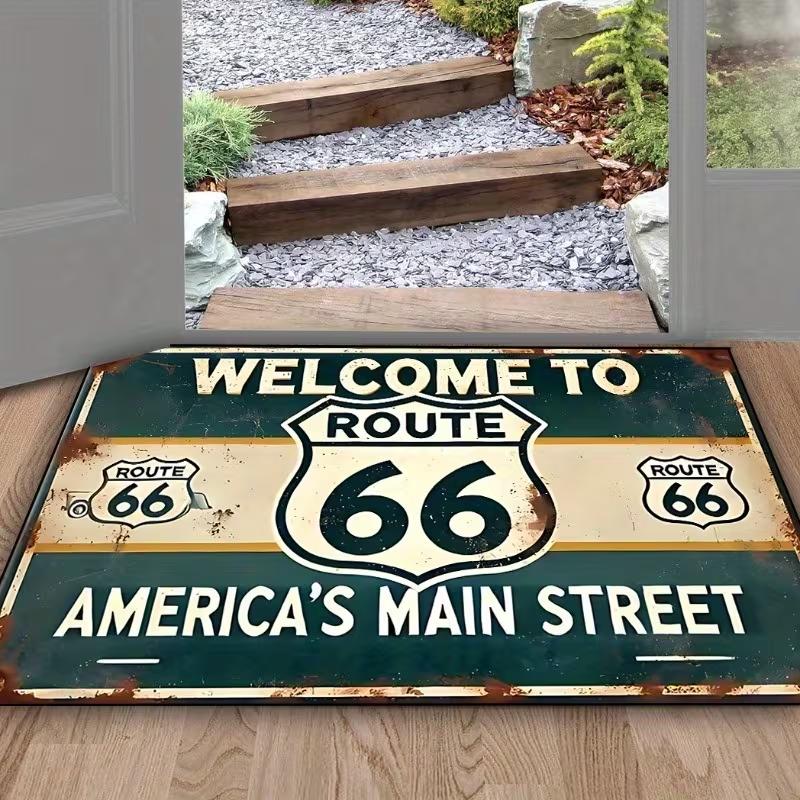 Retro Highway 66 Doormat Retro American License Plate Home Decoration Floor Welcome Mat Front Door Indoor Mat Decoration Carpet
