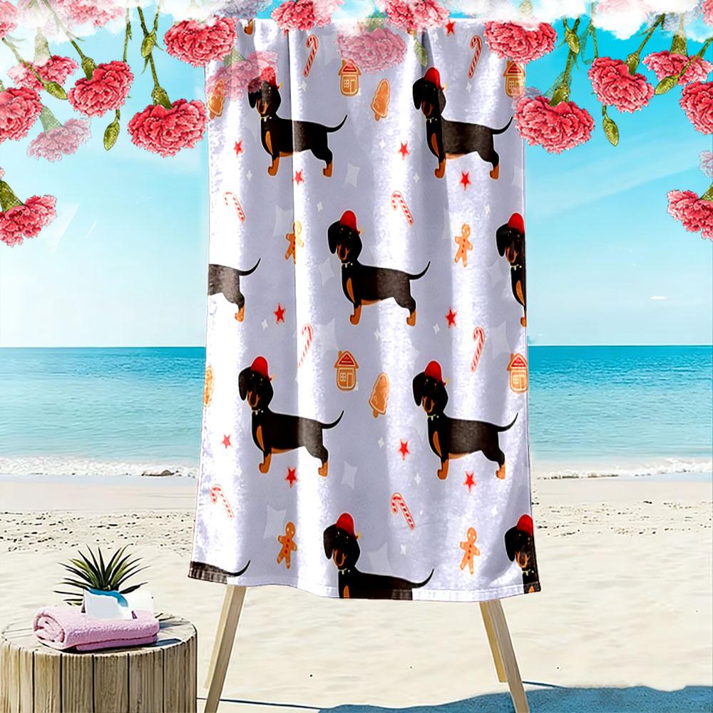 Festive dachshunds and treats Print beach towel, quick drying, suitable for travel, outdoor sports, jogging, the beach and swimming, gift