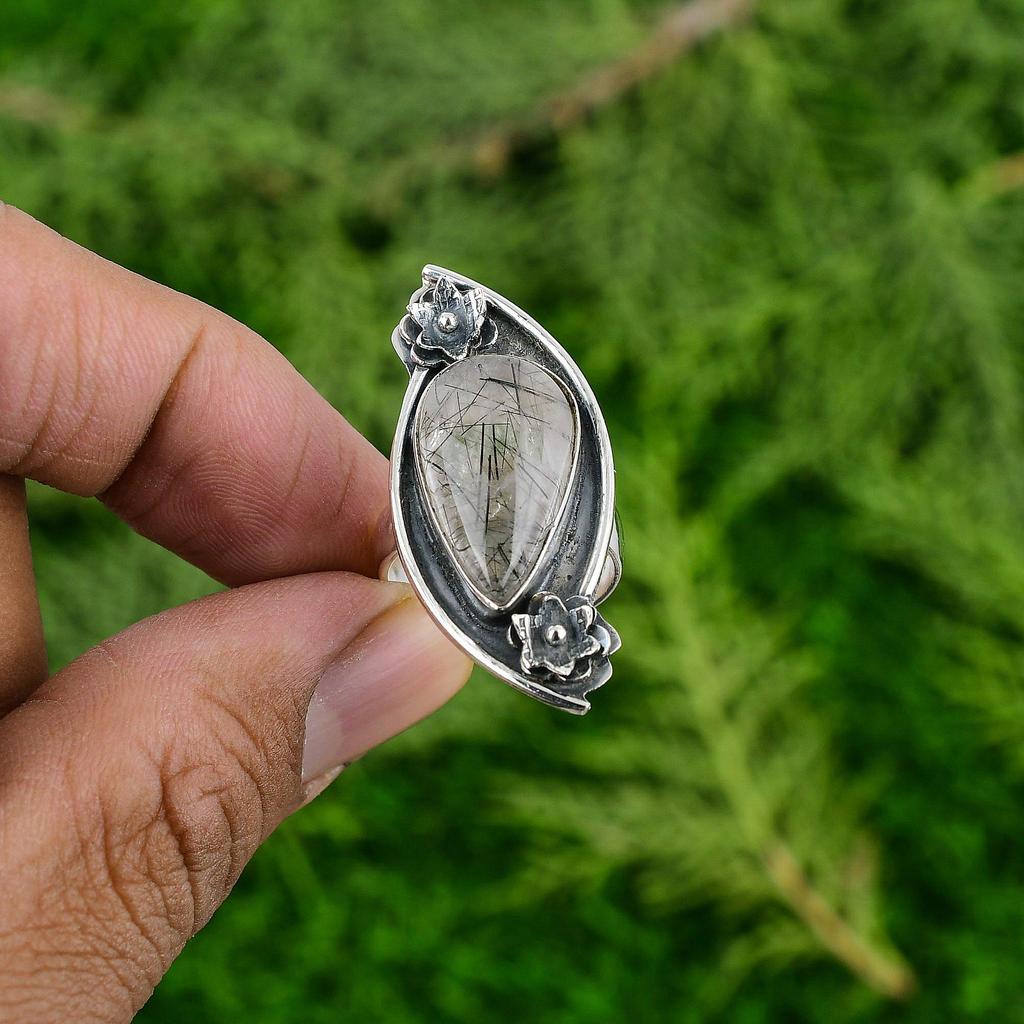 925 Silver Natural Black Rutilated Quartz Flower Solitaire Daughter Ring Jewelry