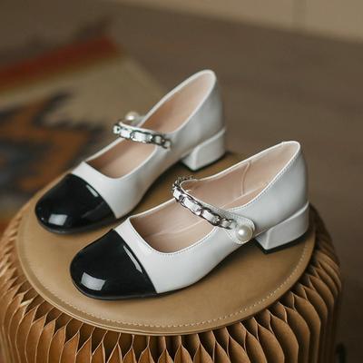 Туфли Мэри Джейн из маленькой кожи женские французские ретро цветные четырехсезонные на толстом каблуке в стиле принцессы туфли-лодочки 676-9