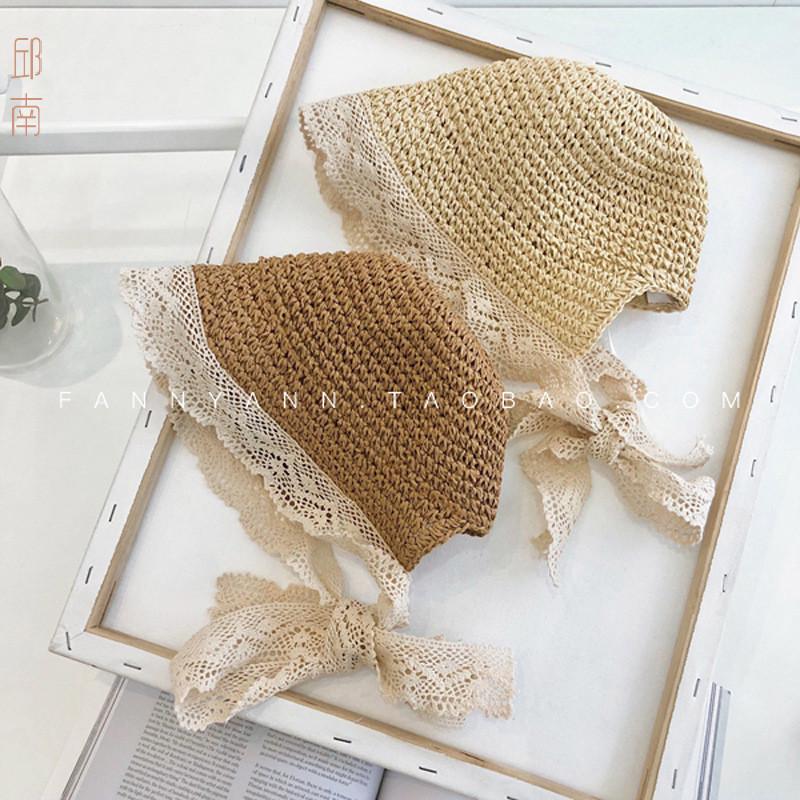 Spring and summer baby girl bucket hat lace straw hat - year old out children sun visor hat loli hat