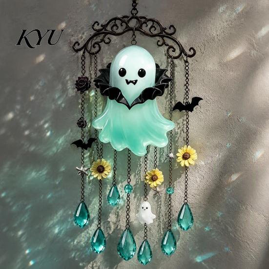 Window Hanging Decoration Halloween Ghost Wind Chime Decoration, Vintage Sun Catcher with Faux Crystal Party Supplies Drops Tassels, Acrylic Ornament