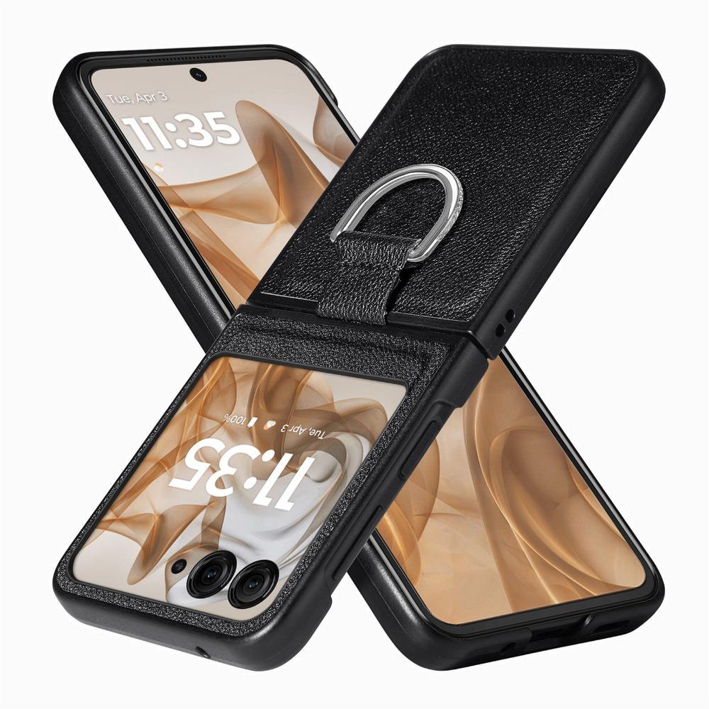 Case with Ring Lychee Pattern PU Leather for Motorola Razr 50 Ultra Mooto Razr 40 Phone Folding Screen Back Cover