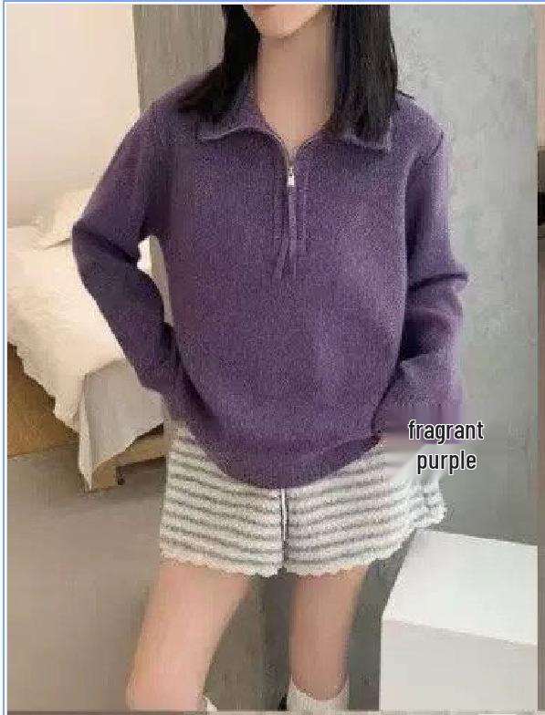 Autumn Winter Korean Style Loose Polo Collar Half-Zip Knit Pullover for Women