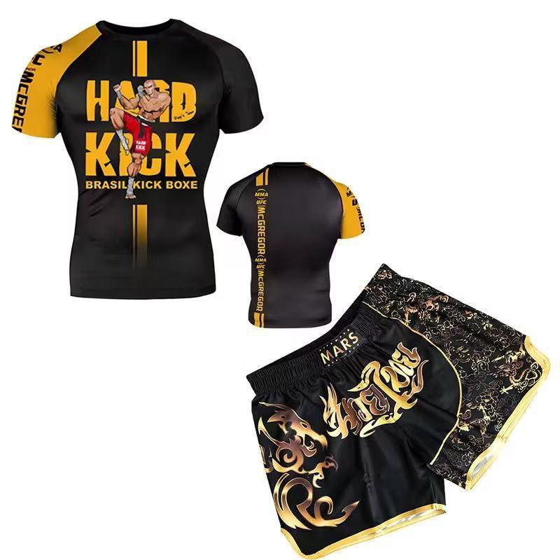 Mens Compression MMA Boxing Training Set Short Sleeve Rash Guard Shorts Combat Sports Fitness