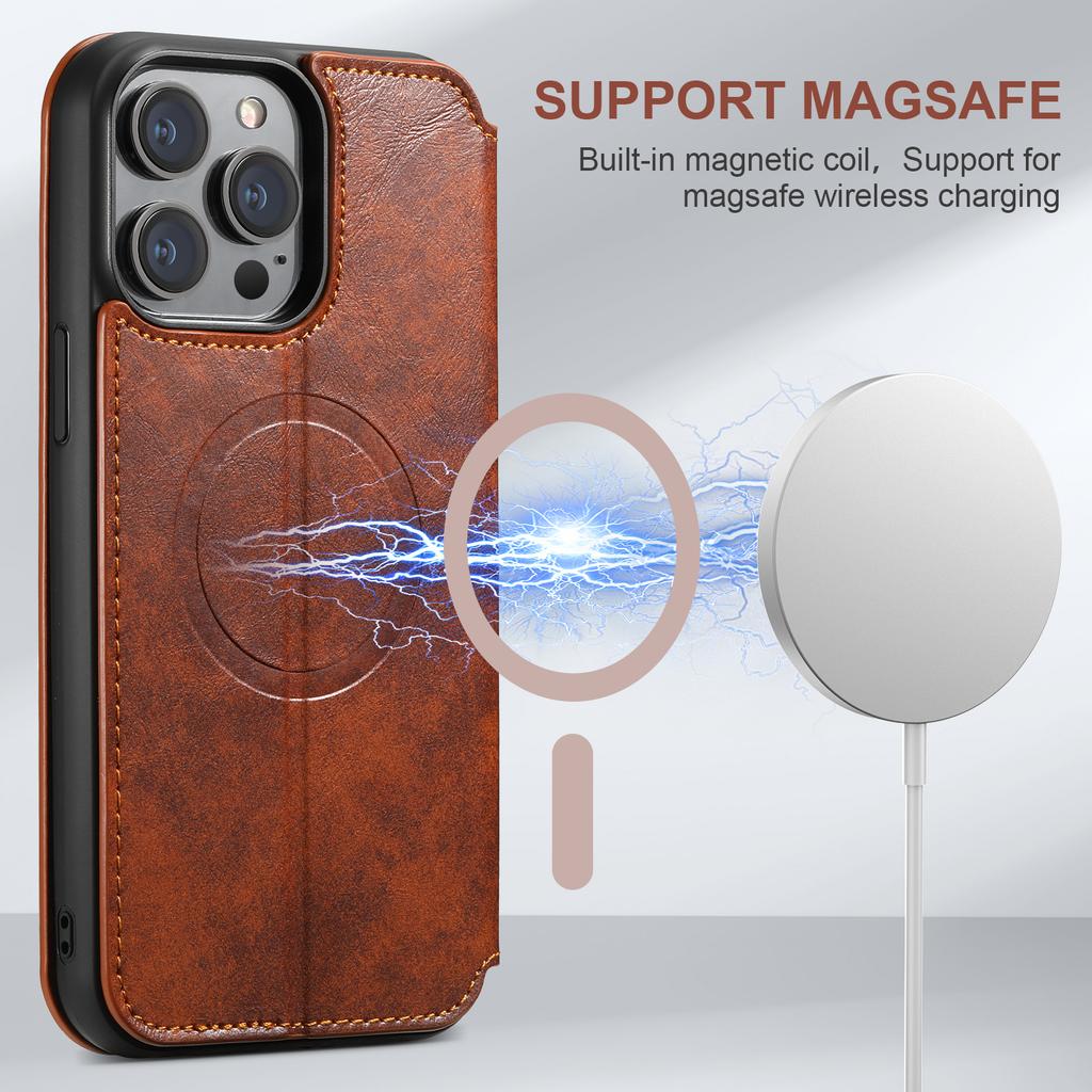 Suteni Роскошные кожаные чехлы для телефона Magsafe из ПУ для iPhone 16 12 13 14 15 Pro Max Plus Ultra с откидной крышкой, кошельком и держателем для карт