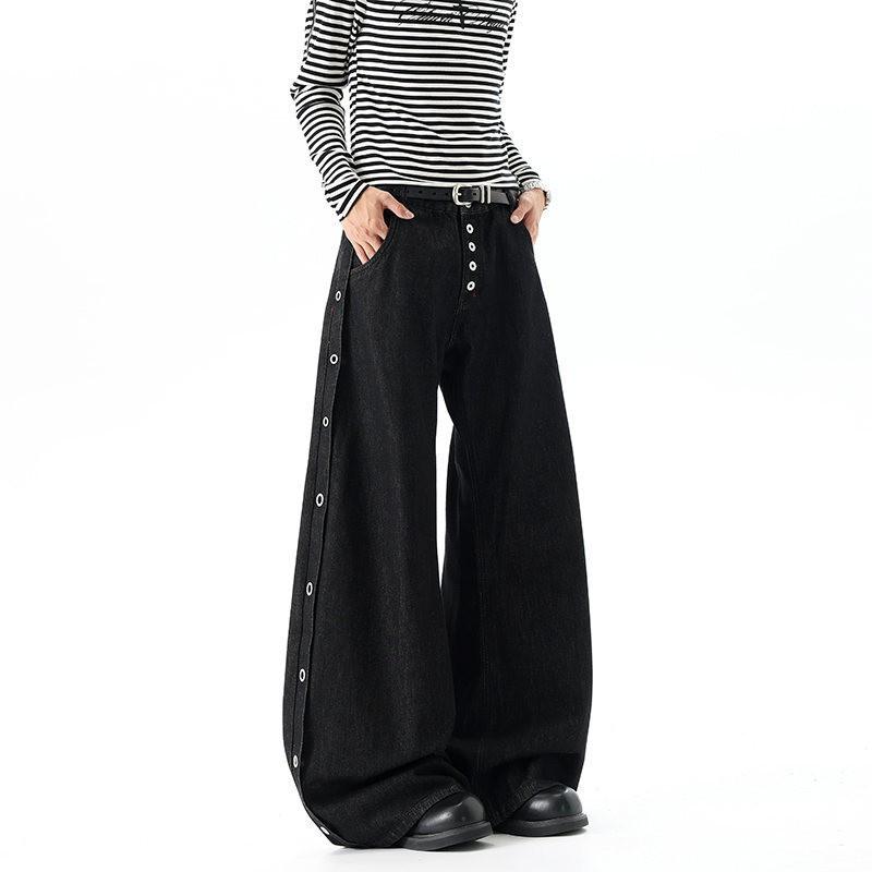 Mens Loose Straight Jeans Vintage High Street Style Button Fly Denim Pants Teenagers